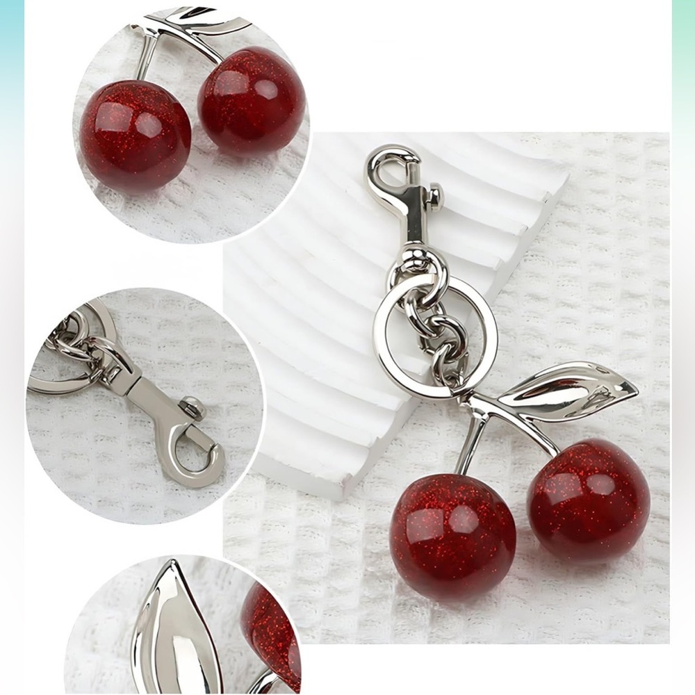 New Glittery Red Cherry Bag Charm w/ Silver-Toned Hardware & Large Pom Pom - Picture 2 of 6